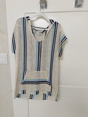 Vintage Havana Striped Hooded Knit Top in Cream, Navy & Aqua